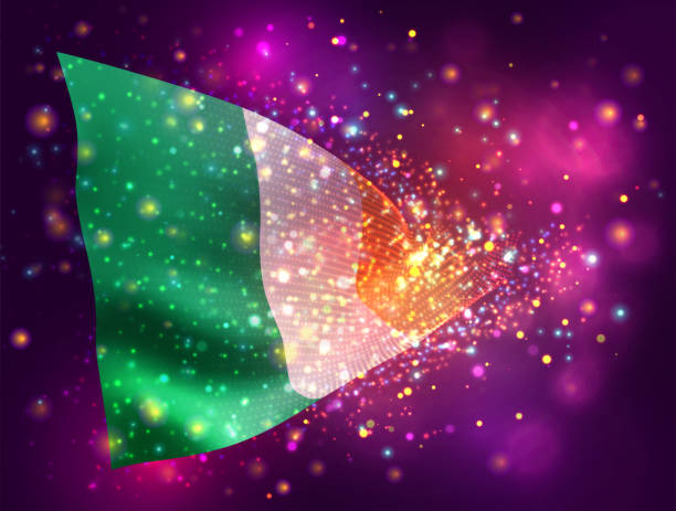 istock Ireland, vector 3d flag on pink purple background with lighting and flares 1495642952