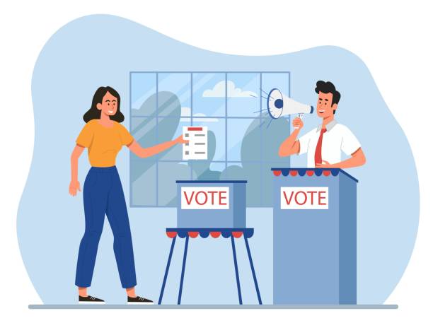 Election day concept Election day concept. Man with loudspeaker and woman with piece of paper near ballot box. Presidential elections or referendum. Democracy and freedom of speech. Cartoon flat vector illustration election candidate stock illustrations