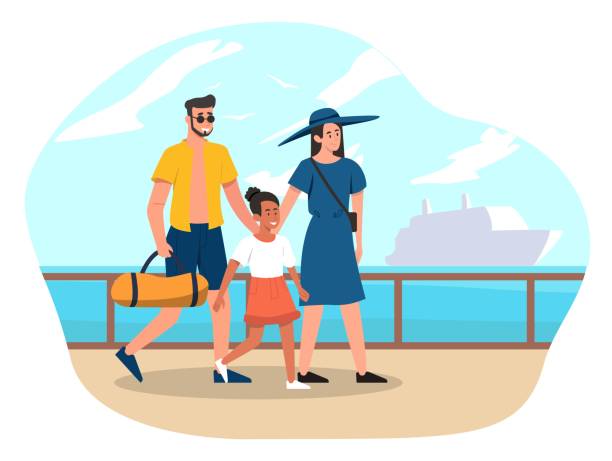 Sea cruise concept. Man and woman with child walk along embankment. Tourists have rest in tropical country. Parents with daughter on vacation or holiday. Cartoon flat vector illustration
