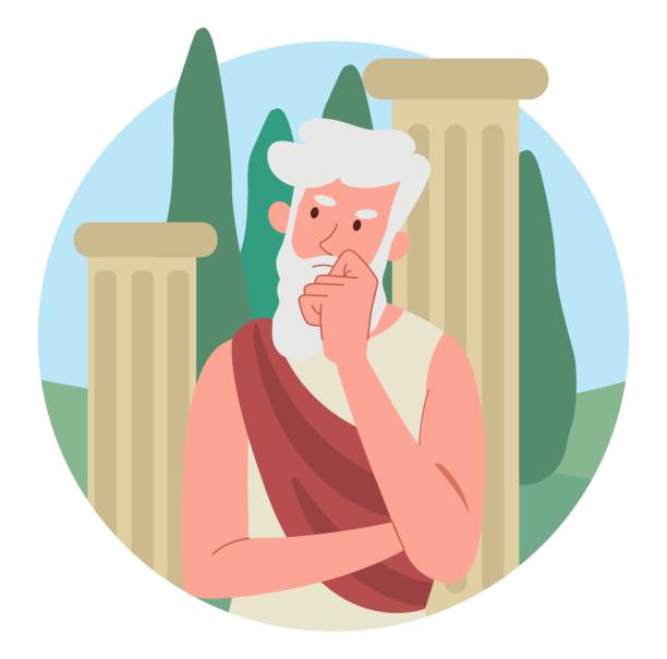 Ancient philosopher concept Ancient philosopher concept. Elderly man in sheet stands against backdrop of marble columns. Classical greek thinker, Socrates. Old pensive person. Cartoon flat vector illustration philosopher stock illustrations