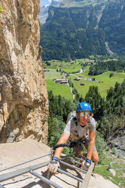 istock High angle view, man on Via Ferrata climbing up, summer activities concept 1495644953