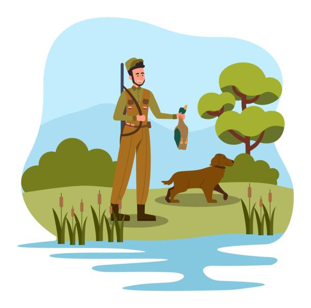 hunter with dog - pheasant hunting dog retriever stock illustrations