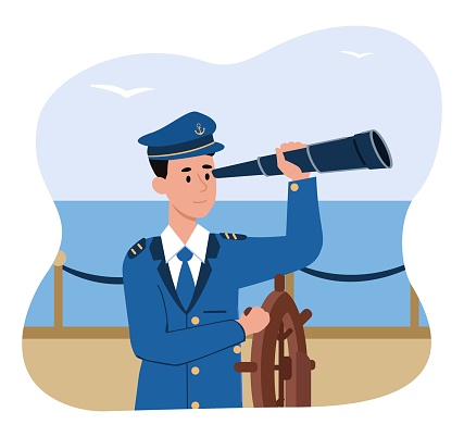 Captain at boat. Man in uniform with binoculars stands at helm. Metaphor of leadership and motivation, vision of future. Talented and successful businessman. Cartoon flat vector illustration