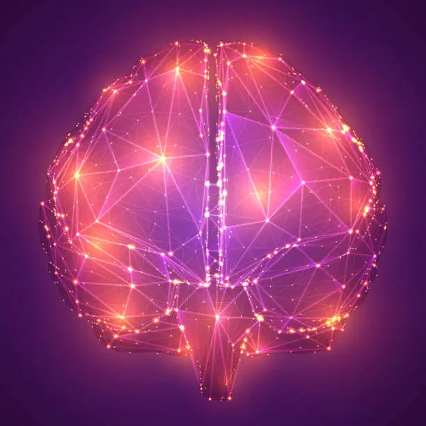 Vector illustration of three-dimensional vector cyber brain. neural network mega-data processing, template interface design on background.