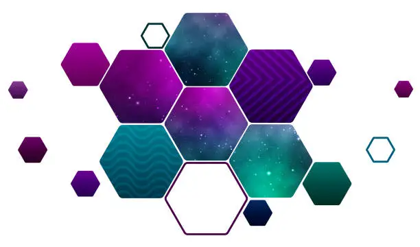 Vector illustration of Hexagonal honeycomb with a palette of flowers. space backgrounds.