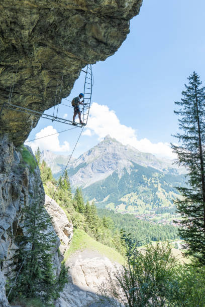 istock Low angle view, man on Via Ferrata climbing up a ladder, success concept 1495646733