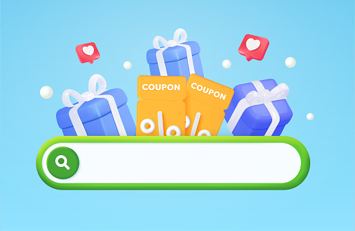 3d search bar input with gift boxes, vouchers, coupons, love heart icons, isolated on background. Design concept for online shopping, promotion, sales, advertising, web page. 3d vector illustration.