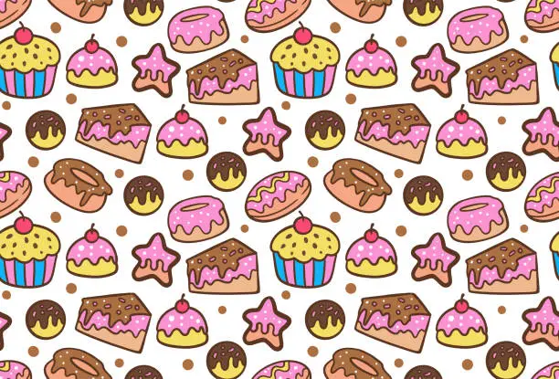 Vector illustration of Hand colorful pastries seamless pattern