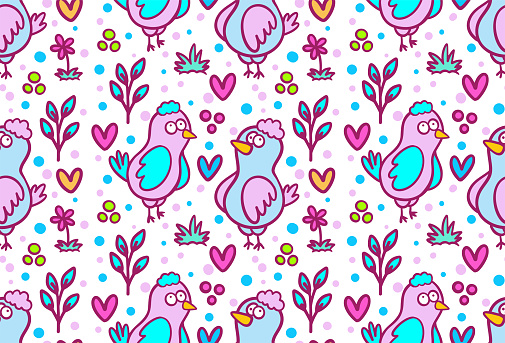 Hand drawn funny birds cartoon characters seamless pattern. Can be used for fabric, textile, kids and women apparel, wallpaper, wrapping paper, cards.