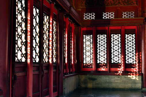 Close-up of ancient Chinese architecture in Forbidden city, the red windows and wall,Beijing, China
