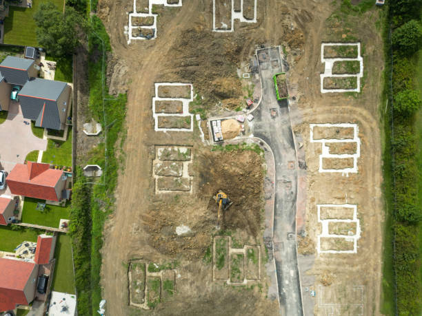 istock Drone top down view of new bungalow footings. 1495655583