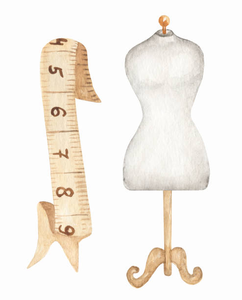 illustrations, cliparts, dessins animés et icônes de kit de couture vintage aquarelle, clipart de mannequin, illustration de ruban à mesurer. conception de logo, studio de couture, tailleurs - sewing dressmakers model tape measure mannequin