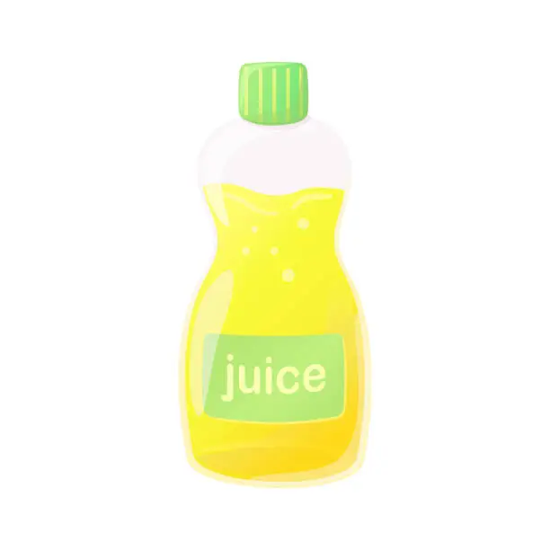 Vector illustration of Sprinkling fruit juice bottle isolated illustration on white background. Bright orange design of soda beverage for summer refreshment and hydration. Product packaging in flat cartoon style