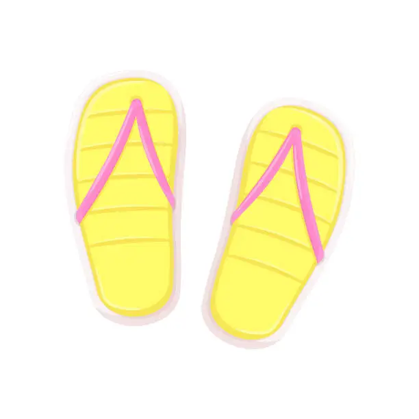 Vector illustration of Flip flops for sand beach bright vector illustration isolated on white background. Summer design of slippers footwear for seashore activities and beach games. Yellow sandals for swimming pool and sea vacation