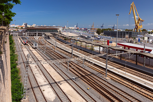 Multiple train sidings at the train station in Cadiz on a sunny day. Spain. Andalusia.