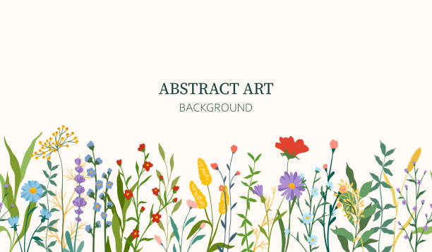 horizontal border, abstract art with summer meadow plants, wild flowers, leaves branch and Hand Drawn doodle Scribble floral plants. Design for wall decoration, postcard, poster or brochure