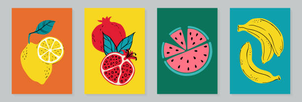 Fruit poster set lemon, watercolor, banana and pomegranate. Modern style, pastel colors vector art illustration