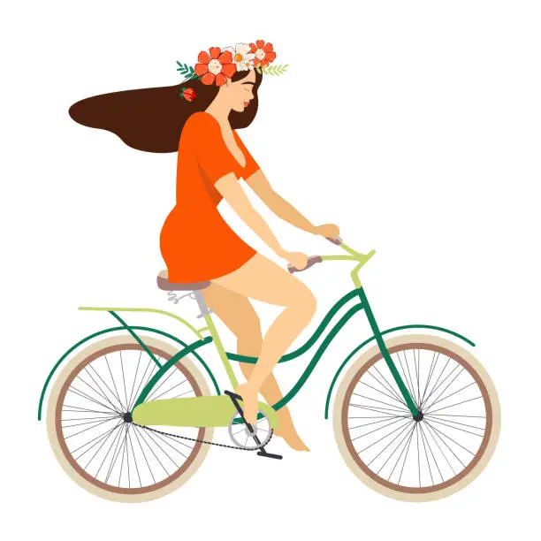 Vector illustration of Pretty brunette on a green city bike. Isolated illustration for web and print use. Trendy infographic clip element.