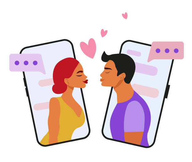 Lovers send love messages and kisses over the phone. Valentine's day. Cartoon vector illustration Lovers send love messages and kisses over the phone. Valentine's day. Cartoon vector illustration kissing on the mouth stock illustrations