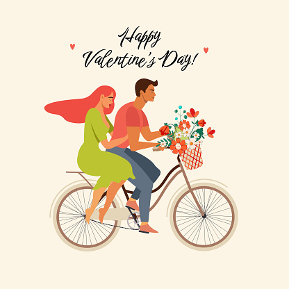 Happy couple is riding a bicycle together and happy valentines day Illustration vector of Love and Valentine Day.