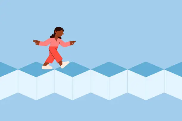 Vector illustration of A Woman Walks Carefully on Blockchain Conceptual Illustration