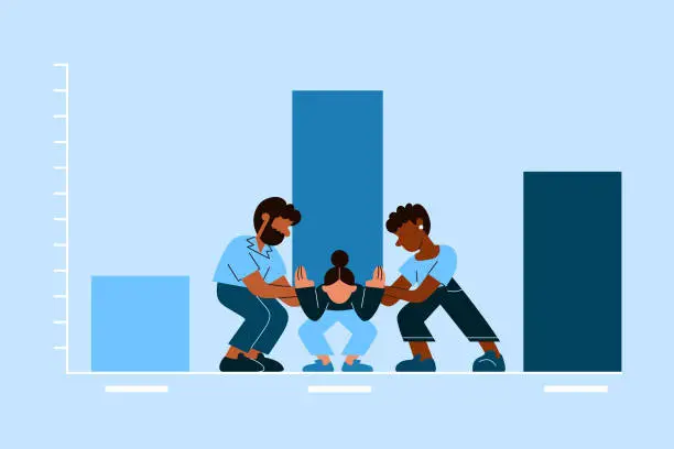 Vector illustration of A Multiracial Group Works Together to Lift Up Bar Graph in Crowdfunding Fundraising