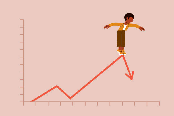 ilustrações de stock, clip art, desenhos animados e ícones de a young man balances carefully on a line graph as it crashes downward - graph moving down recession line graph