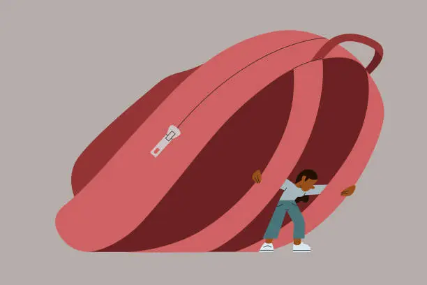 Vector illustration of A Young Woman Student Carries Big Backpack Representing Student Debt
