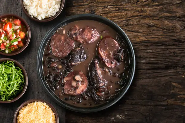 Feijoada typical Brazilian food. Traditional Brazilian food made with black beans. top view.