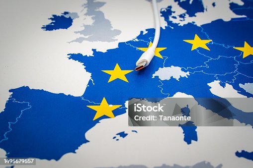istock USB-C cable over an european map with the EU flag. 1495679557