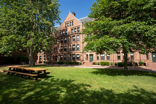 Cambridge, MA, USA - June 29, 2022: Hastings Hall, the oldest residence hall at Harvard Law School (HLS), on the Harvard University campus in Cambridge, Massachusetts.