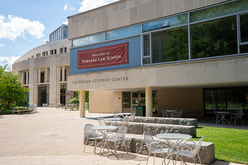 Cambridge, MA, USA - June 29, 2022: Welcome to Harvard Law School (HLS) banner is seen at the Caspersen Student Center on the Harvard University campus in Cambridge, Massachusetts.