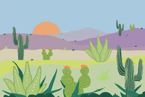 Vector illustration of Sunset in the desert far far away