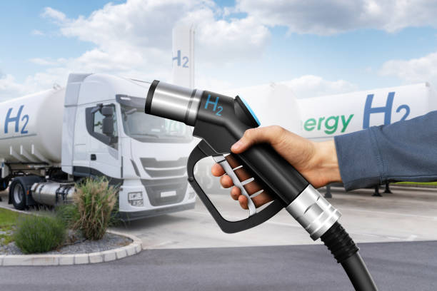 istock Truck with hydrogen tank trailers. Hydrogen transportation concept 1495685768