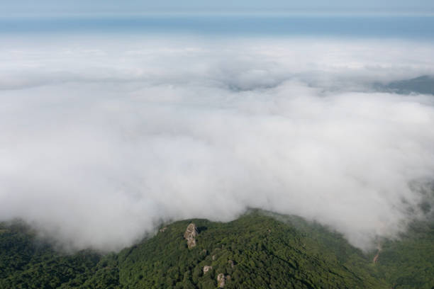 istock Aerial view of mountains and clouds through airplane window 1495687131