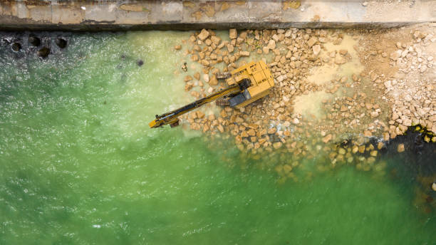 istock Aerial view of waterfront construction site with excavator. Excavator working on a breakwater construction 1495687299