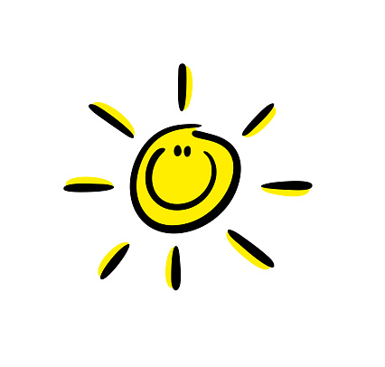 Happy fave icon sun with smile and sunshine. Vector illustration of yellow star. Cartoon image isolated on white background.