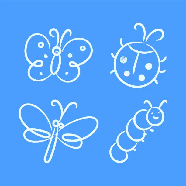 Vector illustration of Doodle Butterfly, Ladybug, Dragonfly and Caterpillar. All The Images Are Isolated. Kid Doodle Style. Vector.