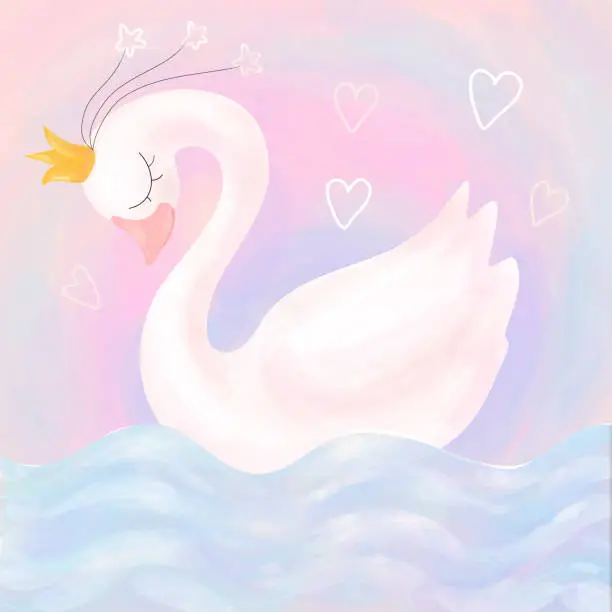 Vector illustration of Cute swan princess with crown on a soft pink background, t-shirt, baby shower, greeting card, kid clothes template. Vector illustration.