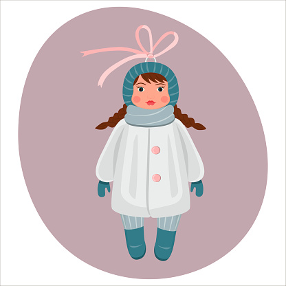 Christmas toy  a girl with pigtails in a warm fur coat, hat and felt boots. Christmas tree decoration in retro style. The concept of winter holidays and celebrations. Vector illustration.