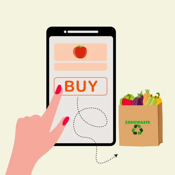 Vector illustration of Smartphone app and grocery delivery at home