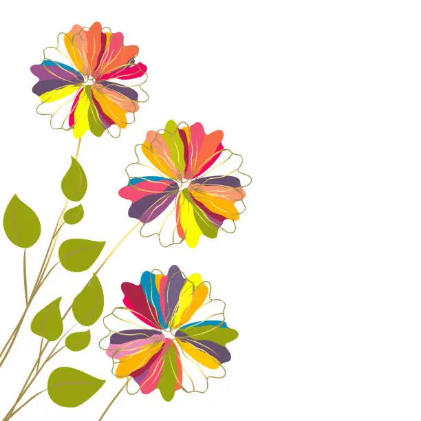 Vector illustration of Flowers. Floral background. A beautiful bouquet of colorful flowers. Green leaves. Isolated. Vector illustration. Drawing.