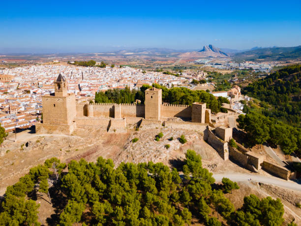 Alcazaba of Antequera aerial panoramic view. The Alcazaba of Antequera is a Moorish fortress in Antequera city in the province of Malaga, the community of Andalusia in Spain.