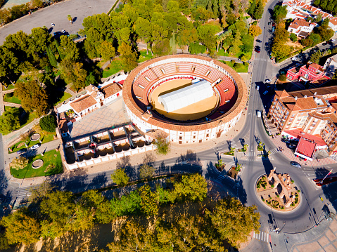 Bullring or plaza de toros building aerial panoramic view in Antequera. Antequera is a city in the province of Malaga, the community of Andalusia in Spain.