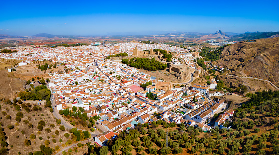 Alcazaba of Antequera aerial panoramic view. The Alcazaba of Antequera is a Moorish fortress in Antequera city in the province of Malaga, the community of Andalusia in Spain.