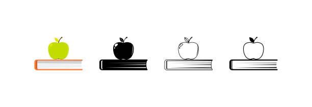 애플과 책 아이콘입니다. - apple stack white backgrounds stock illustrations