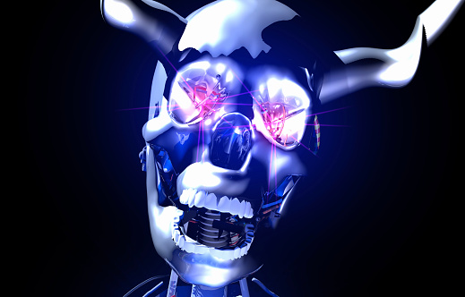 Horned skull robot that smiles in the dark. Artificial intelligence may become a dangerous technology in the near future.