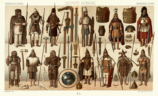 Vintage illustration Costumes and fashions of ancient europe, barbarians, Bronze and iron ages, iberians and slavs, Ancient History