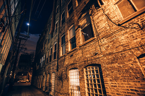 Empty dark alley in Bucktown. Chicago, Illinois, USA