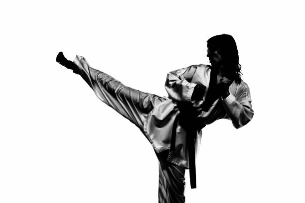 тхэквондо кик - martial arts women tae kwon do black belt стоковые фото и изображения